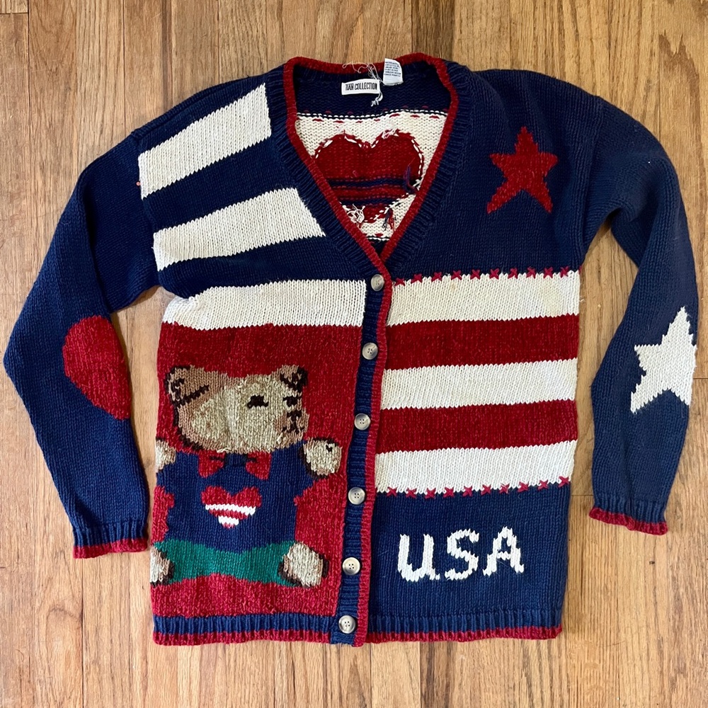 Vintage Patriotic Teddy Bear Cardigan Size Small